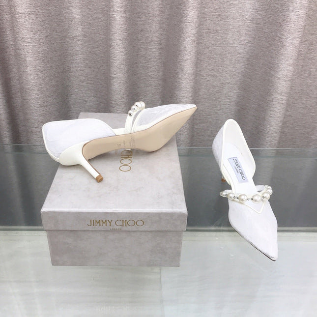 JIMMY CHOO 26S HIGH HEELS 65 MM IN WHITE LACE PEARL-EMBELLISHED