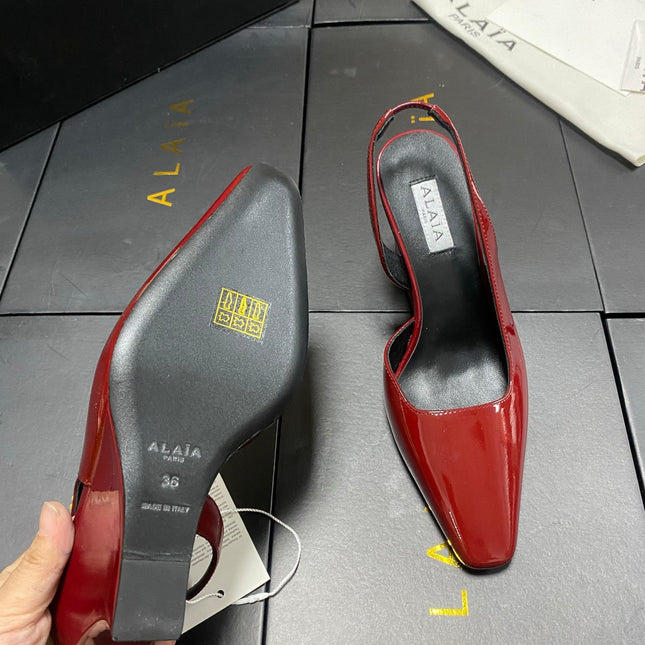 ALAIA 26S WEDGE SLINGBACKS 95 MM IN DARK RED PATENT CALFSKIN
