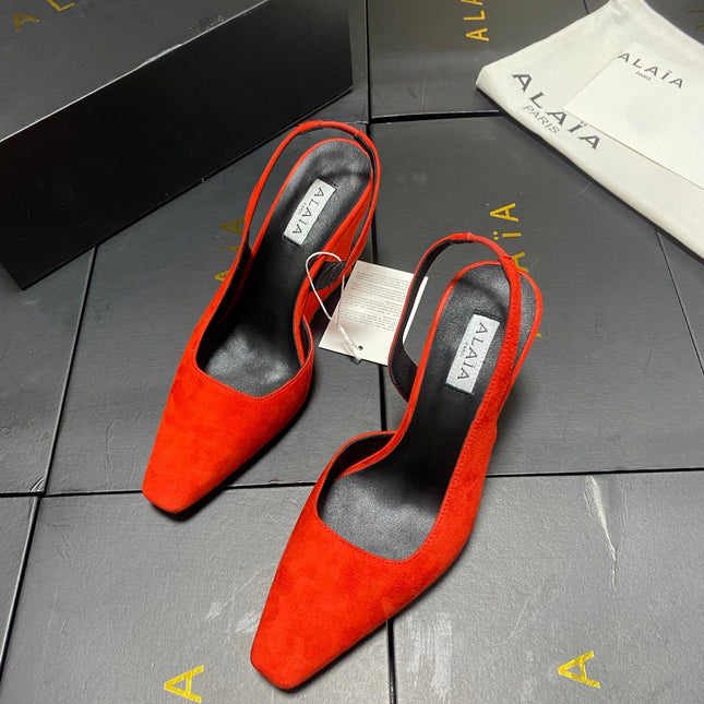 ALAIA 26S WEDGE SLINGBACKS 95 MM IN ORANGE RED SUEDE