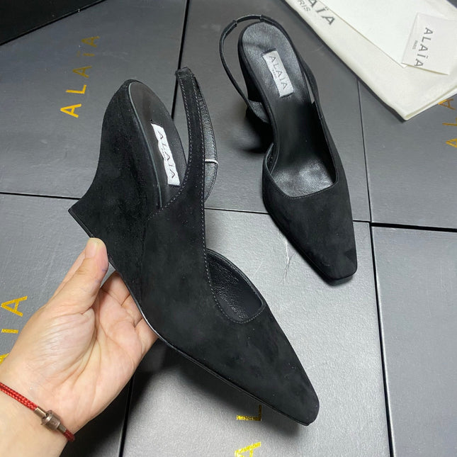 ALAIA 26S WEDGE SLINGBACKS 95 MM IN BLACK SUEDE