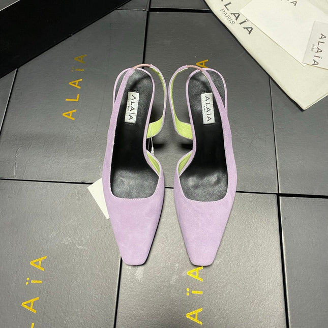 ALAIA 26S WEDGE SLINGBACKS 95 MM IN PASTEL PURPLE SUEDE