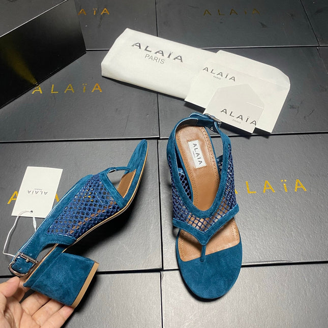 ALAIA 26S MESH THONG HEELS 55 MM IN PETROL BLUE SUEDE