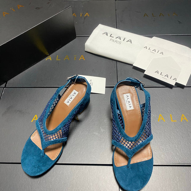 ALAIA 26S MESH THONG HEELS 55 MM IN PETROL BLUE SUEDE