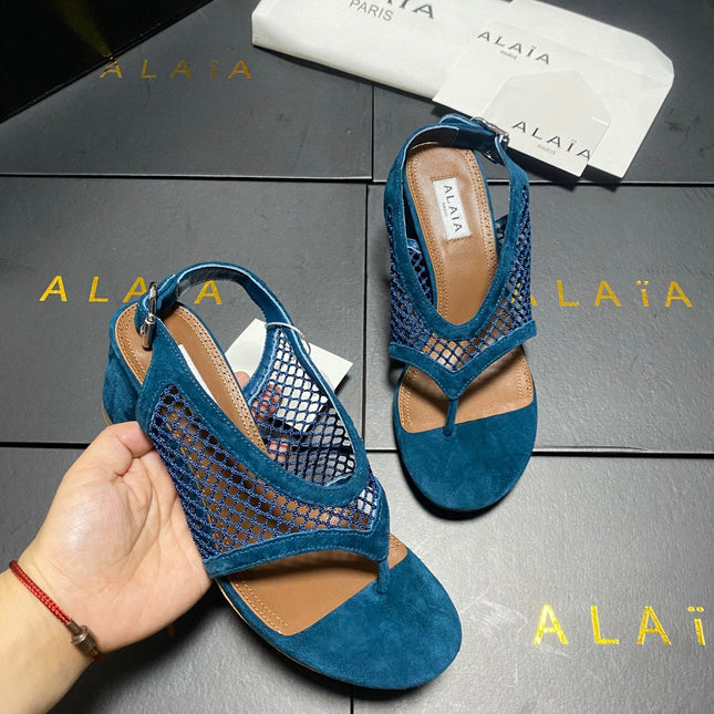 ALAIA 26S MESH THONG HEELS 55 MM IN PETROL BLUE SUEDE