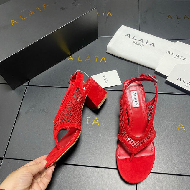 ALAIA 26S MESH THONG HEELS 55 MM IN RED SUEDE