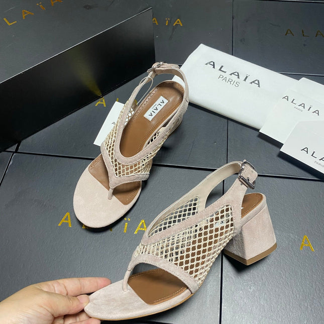 ALAIA 26S MESH THONG HEELS 55 MM IN BEIGE SUEDE