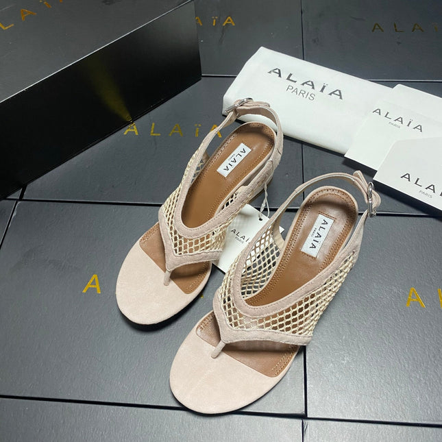 ALAIA 26S MESH THONG HEELS 55 MM IN BEIGE SUEDE
