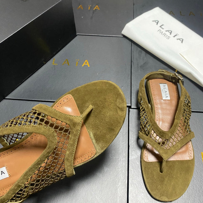 ALAIA 26S FLAT MESH THONG SANDALS MM IN MOSS GREEN SUEDE