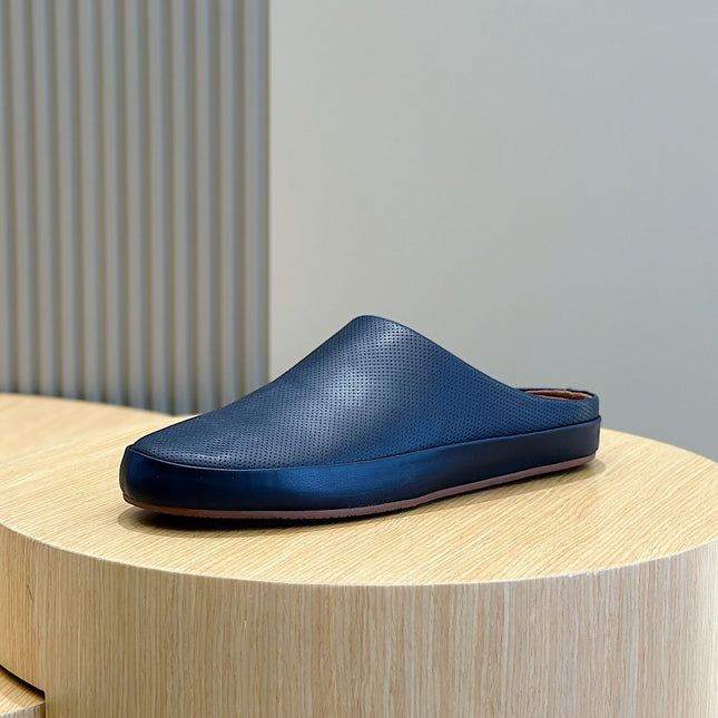 LP TOMORI SABOT MULES NAVY MESH CALFSKIN