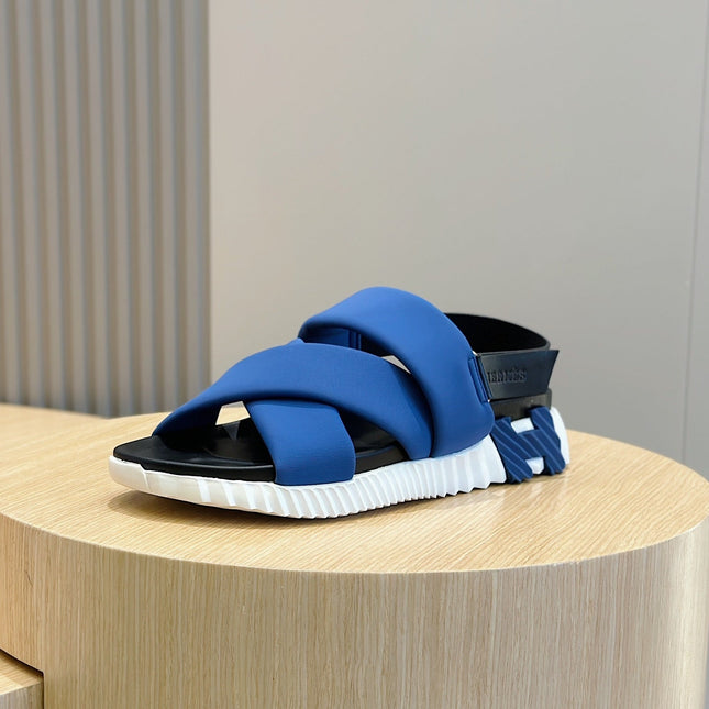 HM ELECTRIC SANDAL COBALT FABRIC AND CALFSKIN