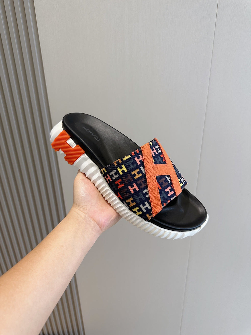 HM SLIPPERS BLACK AND NAVY MONOGRAM CANVAS