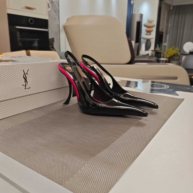 YSL SLINGBACK HIGH HEELS 100 MM IN BLACK CALFSKIN