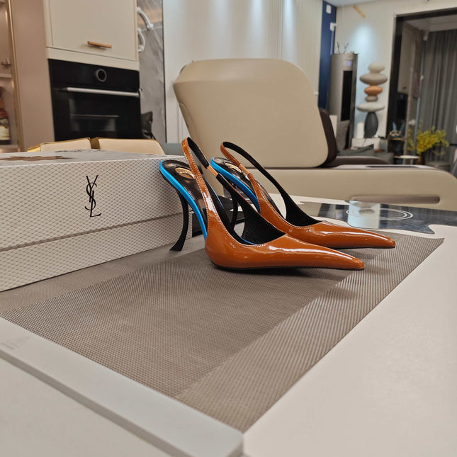 YSL SLINGBACK HIGH HEELS 100 MM IN BROWN CALFSKIN