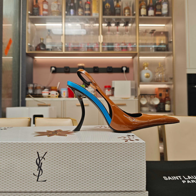 YSL SLINGBACK HIGH HEELS 100 MM IN BROWN CALFSKIN