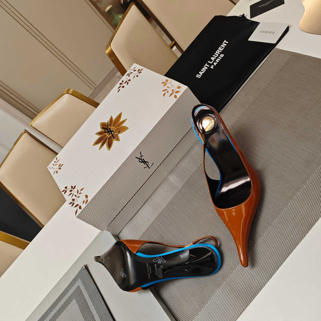 YSL SLINGBACK HIGH HEELS 100 MM IN BROWN CALFSKIN