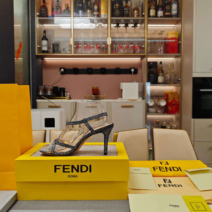 FENDI 26S HIGH-HEELED SANDALS 85 MM IN BLACK & WHITE MICRO PATTERN CALFSKIN