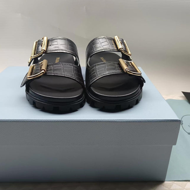 PRADA 26S STRAP SLIDES IN BLACK CROC EMBOSSED CALFSKIN GOLD HARDWARE