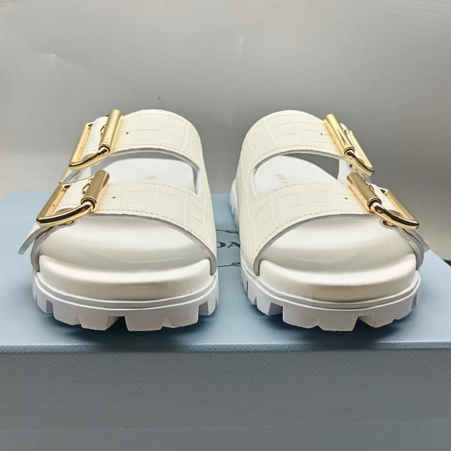 PRADA 26S STRAP SLIDES IN IVORY WHITE CROC EMBOSSED CALFSKIN GOLD HARDWARE