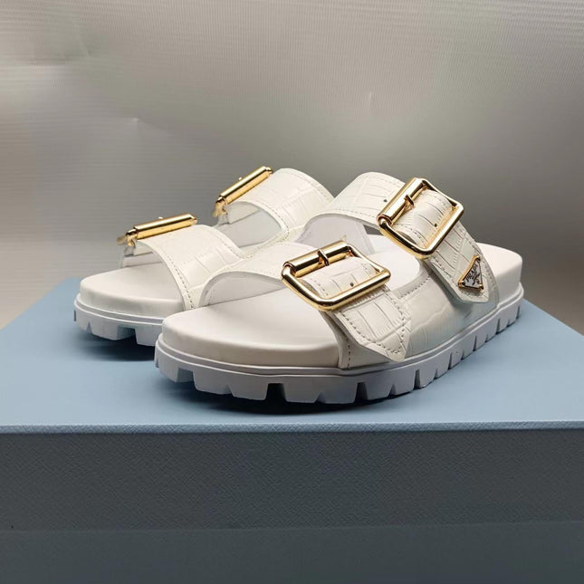 PRADA 26S STRAP SLIDES IN IVORY WHITE CROC EMBOSSED CALFSKIN GOLD HARDWARE