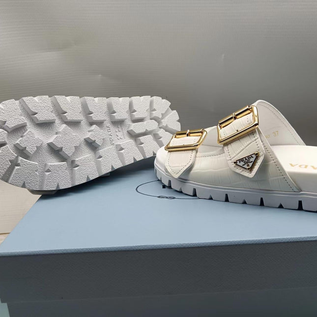 PRADA 26S STRAP SLIDES IN IVORY WHITE CROC EMBOSSED CALFSKIN GOLD HARDWARE