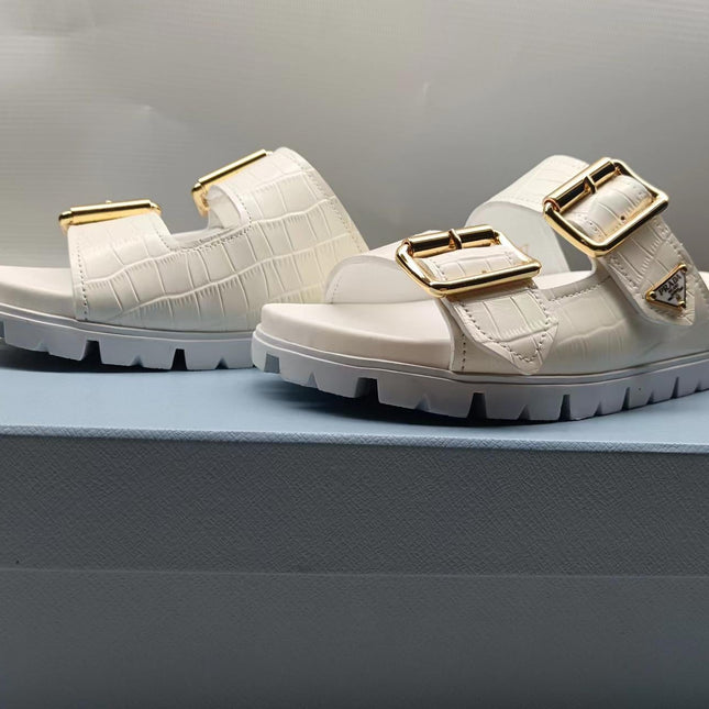 PRADA 26S STRAP SLIDES IN IVORY WHITE CROC EMBOSSED CALFSKIN GOLD HARDWARE