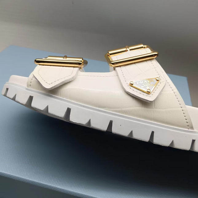 PRADA 26S STRAP SLIDES IN IVORY WHITE CROC EMBOSSED CALFSKIN GOLD HARDWARE