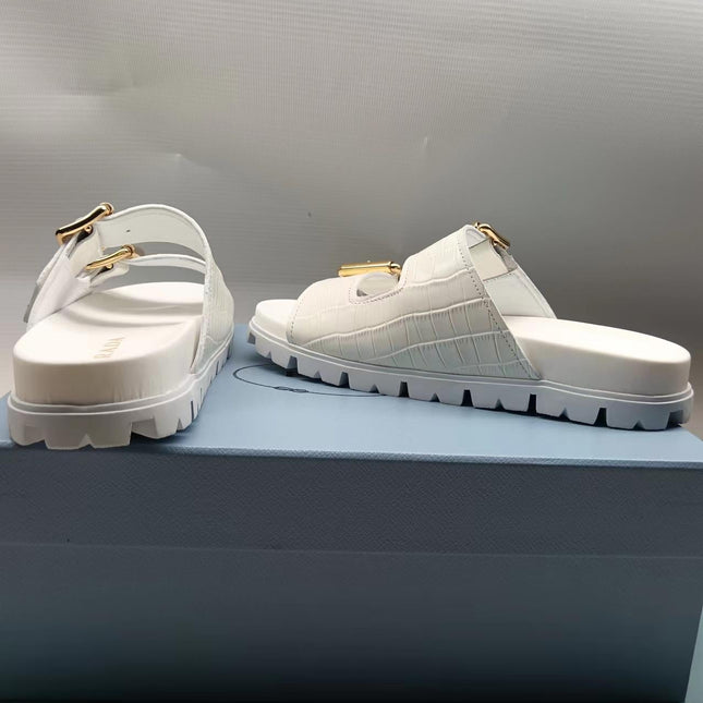 PRADA 26S STRAP SLIDES IN IVORY WHITE CROC EMBOSSED CALFSKIN GOLD HARDWARE