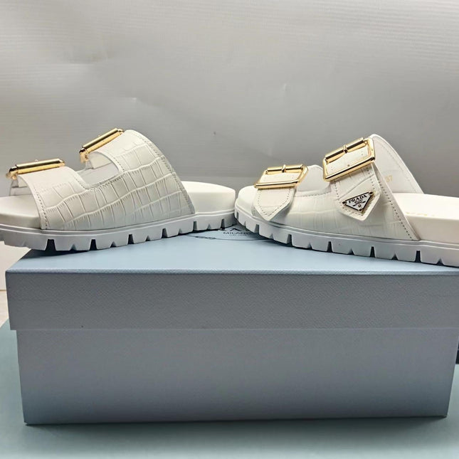 PRADA 26S STRAP SLIDES IN IVORY WHITE CROC EMBOSSED CALFSKIN GOLD HARDWARE