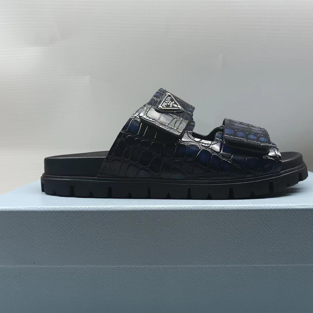 PRADA 26S STRAP SLIDES IN BLACK CROC EMBOSSED CALFSKIN
