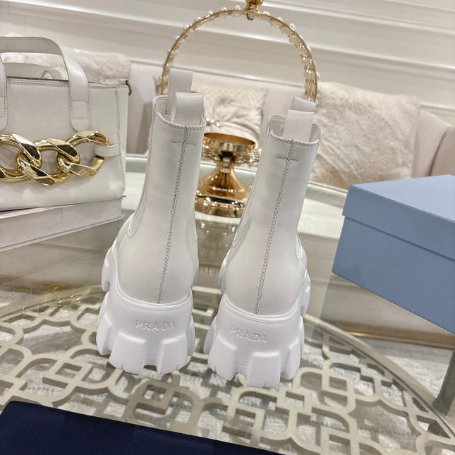 PRADA 26S MONOLITH CHELSEA BOOTS IN WHITE CALFSKIN AND FABRIC