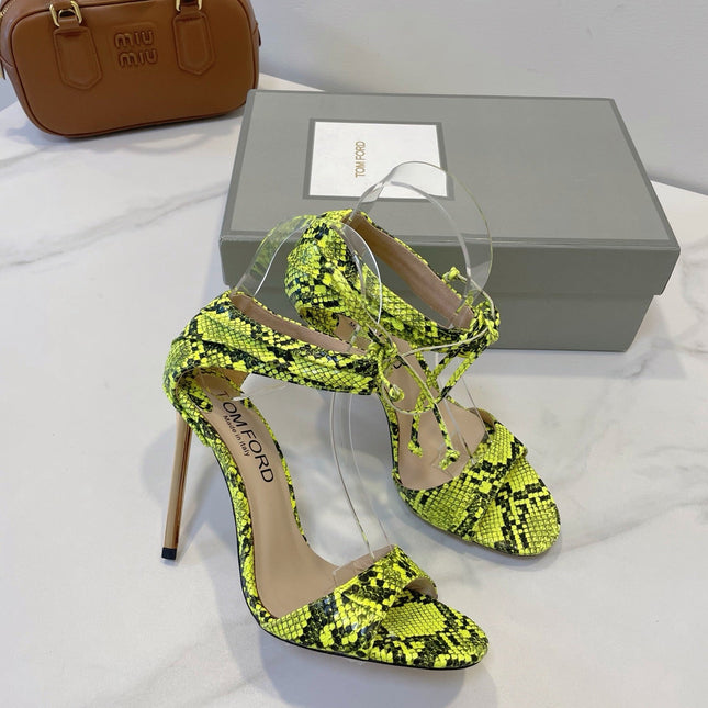 TOM FORD 26S HIGH HEEL SANDALS IN NEON YELLOW AND BLACK SNAKESKIN CALFSKIN