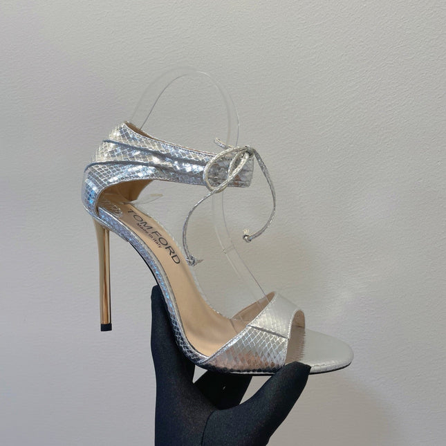 TOM FORD 26S HIGH HEEL SANDALS IN METALLIC SILVER SNAKESKIN CALFSKIN