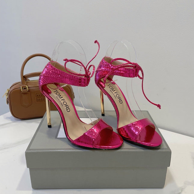 TOM FORD 26S HIGH HEEL SANDALS IN DARK METALLIC PINK SNAKESKIN CALFSKIN