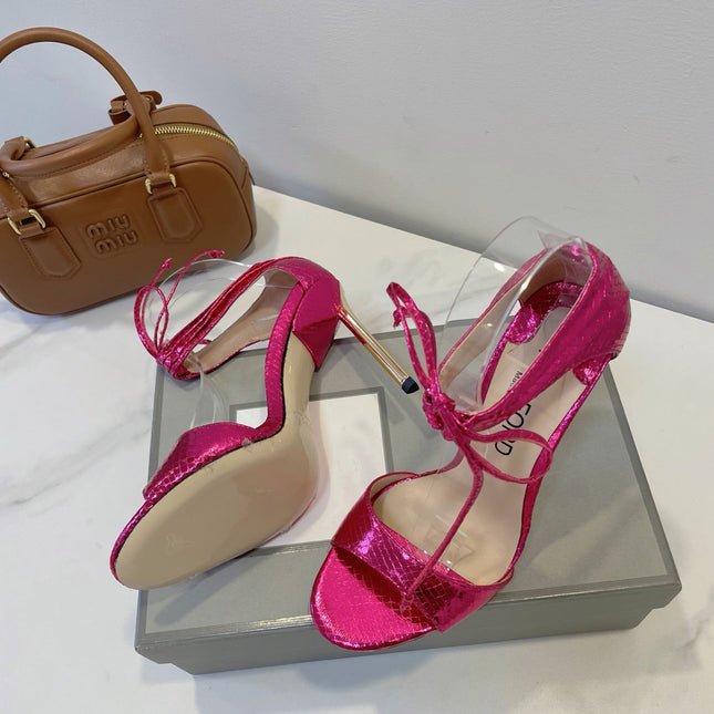 TOM FORD 26S HIGH HEEL SANDALS IN DARK METALLIC PINK SNAKESKIN CALFSKIN