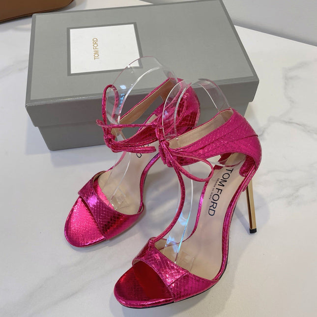 TOM FORD 26S HIGH HEEL SANDALS IN DARK METALLIC PINK SNAKESKIN CALFSKIN