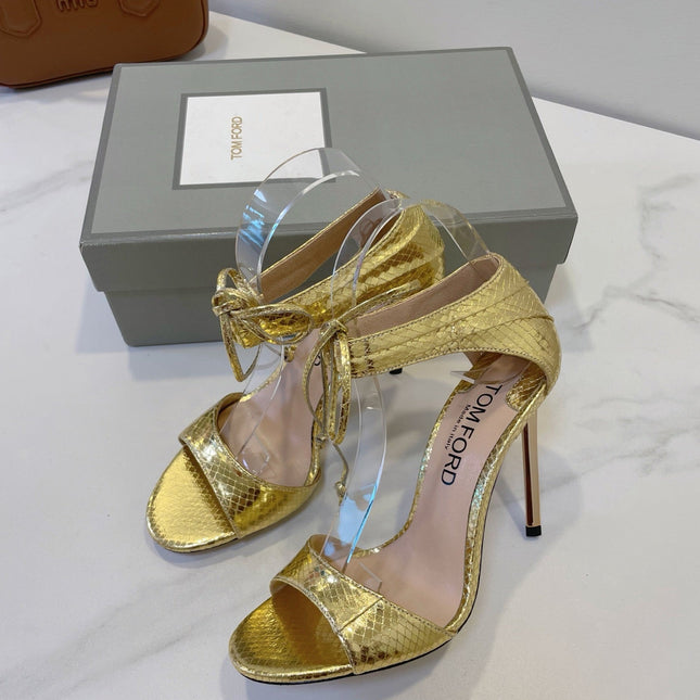 TOM FORD 26S HIGH HEEL SANDALS IN METALLIC GOLD SNAKESKIN CALFSKIN