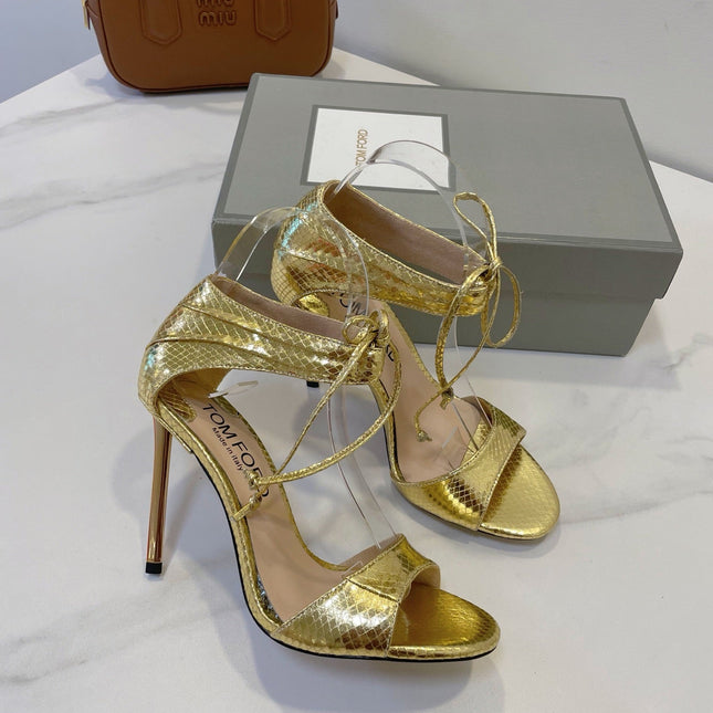 TOM FORD 26S HIGH HEEL SANDALS IN METALLIC GOLD SNAKESKIN CALFSKIN