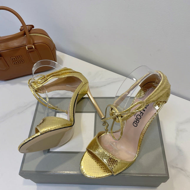 TOM FORD 26S HIGH HEEL SANDALS IN METALLIC GOLD SNAKESKIN CALFSKIN