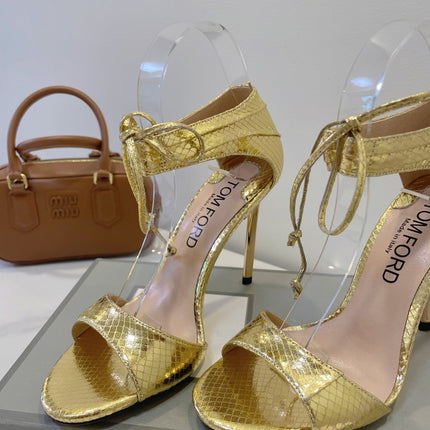 TOM FORD 26S HIGH HEEL SANDALS IN METALLIC GOLD SNAKESKIN CALFSKIN