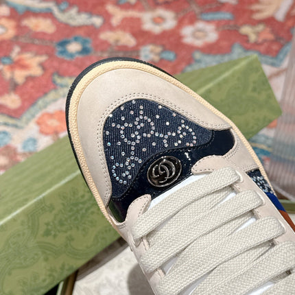 GUCCI 26S SCREENER SNEAKER IN BEIGE SUEDE MIX NAVY BLUE CANVAS