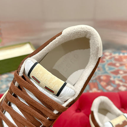 GUCCI 26S SCREENER SNEAKER IN BROWN SUEDE AND BEIGE CANVAS