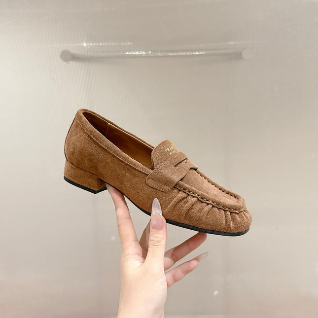 PRADA 26S LOAFERS 25MM IN CARAMEL BROWN SUEDE