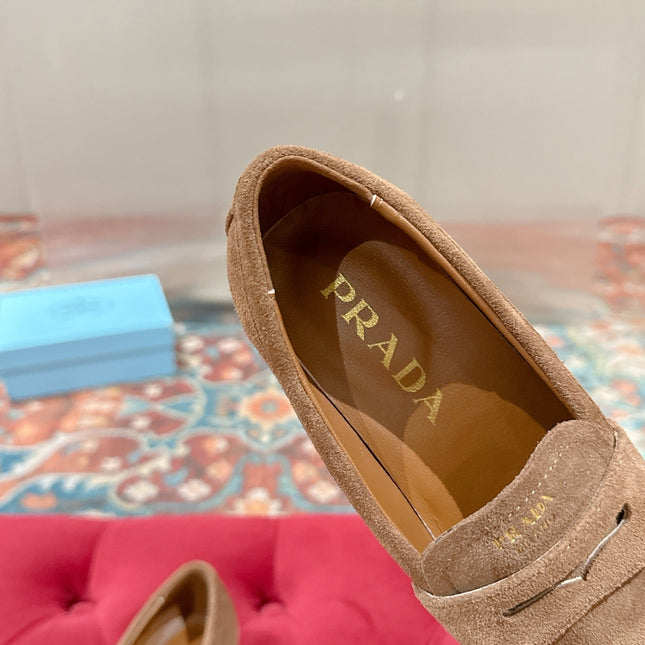 PRADA 26S LOAFERS 25MM IN CARAMEL BROWN SUEDE