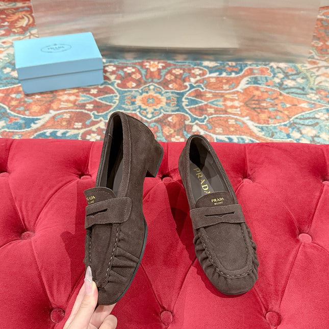 PRADA 26S LOAFERS 25MM IN CHOCOLATE BROWN SUEDE