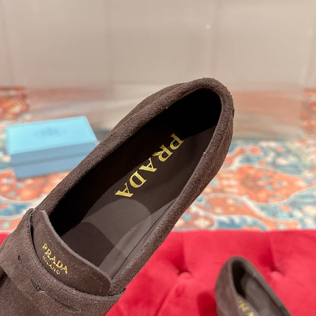 PRADA 26S LOAFERS 25MM IN CHOCOLATE BROWN SUEDE