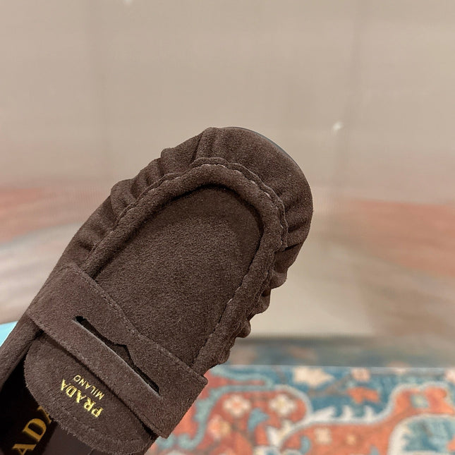 PRADA 26S LOAFERS 25MM IN CHOCOLATE BROWN SUEDE