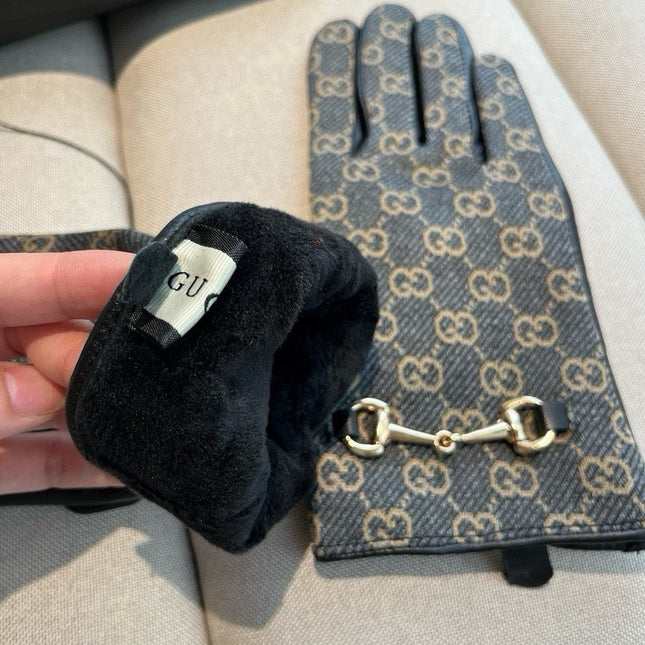 HORSEBIT GLOVES IN STONE BLUE MONOGRAM JACQUARD FABRIC MIX BLACK SHEEPSKIN 456333
