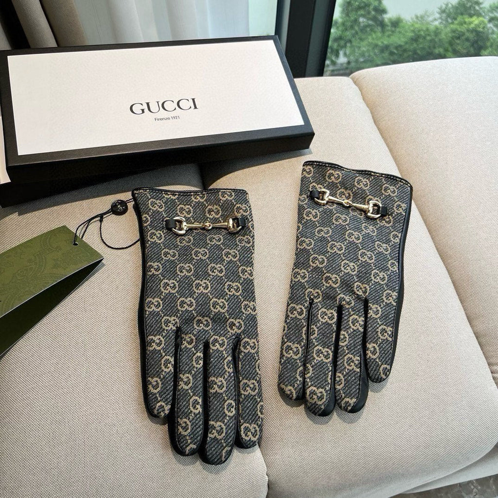 HORSEBIT GLOVES IN STONE BLUE MONOGRAM JACQUARD FABRIC MIX BLACK SHEEPSKIN 456333