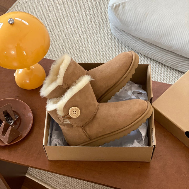 MINI BAILEY BUTTON II BOOT IN CIDER BROWN SUEDE AND SILK COTTON PADDING