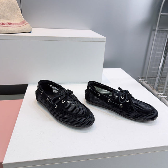 MIUMIU 26S BOAT SHOES IN BLACK MESH AND SUEDE